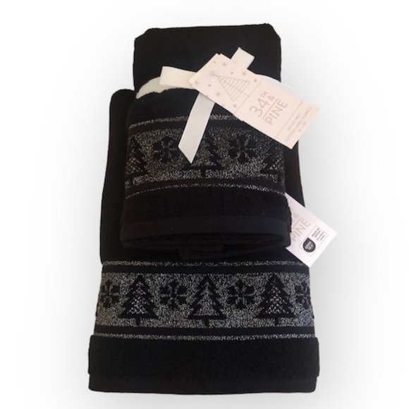 34th & Pine Other - 34th & Pine Black Gold Glitz Towel Set 2 Hand 1 Bath Towel Trees Snowflakes NWT